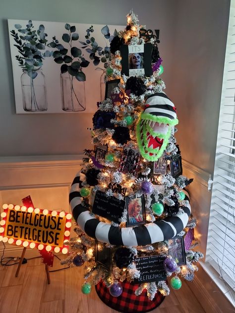 I created everything you see here. The sandworm and sign was made by me. Beetle Juice Tree, Beetlejuice Christmas Tree Ideas, Betelgeuse Halloween Decorations, Beetle Juice Christmas Tree, Tim Burton Home Decor, Tim Burton Christmas Tree, Sandworm Diy, Beetlejuice Tree, Beetlejuice Christmas Tree