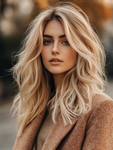 Dark Roots Strawberry Blonde Hair, 2024 Fall Blonde Trends, Blonde Hair With Contrast, Fall Warm Blonde Hair, Warm Blonde Hair With Money Piece, Blonde Red Hair Color Ideas, Soft Autumn Blonde Hair Color, Blond With Color, Fall 2024 Hair Trends Blonde