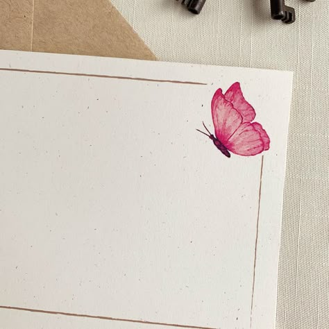 Pink Butterfly Personalized Notecard. Girls Eco Friendly Stationery. Set of 10. Cute Card Decorations, Painting On Envelopes, Thank You Cards For Teachers, Butterfly Border Design, Note Card Ideas, Printing On Envelopes, Painted Envelopes, Teacher Birthday Card, Watercolor Stationary