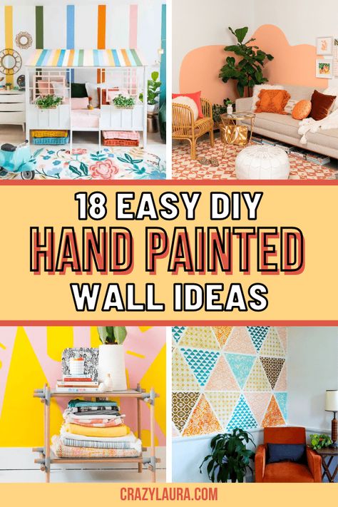 These DIY hand painted walls won't just add character to your wall but are also a great way to be creative during your free time. #DIY #InteriorDesign #HomeDecor Wall Paint Alternatives, Wall Paint Creative, Hand Painted Wallpaper Ideas, Diy Painted Mural Ideas, Creative Accent Wall, Wall Painting Ideas Easy Simple, Colorful Playroom Walls, Easy Patterns To Paint On Walls, Diy Kids Wall Mural