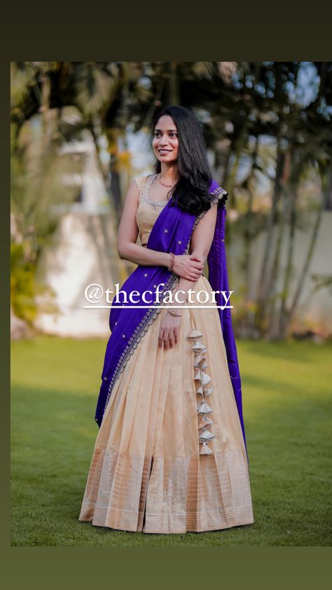 Sankranthi Outfits For Women, Blue Pattu Lehenga Half Saree, Pattu Langa Voni Blouse Designs, Pastel Langa Voni, Patu Lehangas For Women, New Half Saree Models, Mangalgiri Half Saree, Mangalgiri Lehengas, Plain Half Saree