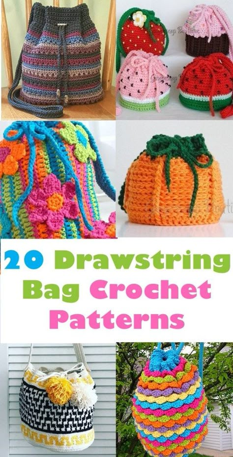 20 Bag Crochet Patterns - Cute and Colorful - A More Crafty Life Crochet Drawstring Bag, Tote Crochet, Crochet Drawstring, Crochet Unique, Crochet Shell Stitch, Crochet Backpack, Crochet Bag Pattern Free, Crochet Handbags Patterns, Haken Baby