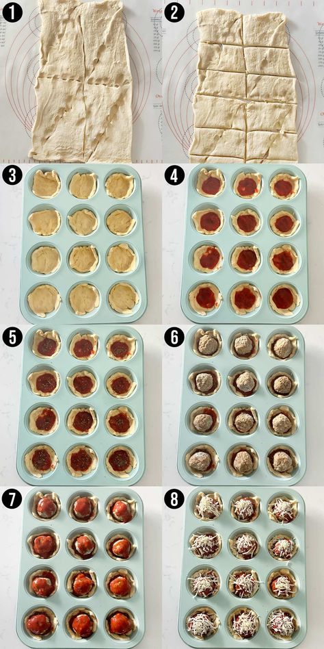 Crescent Roll Meatball Appetizers, Meatballs In Crescent Rolls, Meatball Cups Muffin Tins, Meatball Crescent Rolls, Croissant Appetizers, Crescent Roll Cups, Meatball Cups, Meatball Cupcakes, Using Crescent Rolls