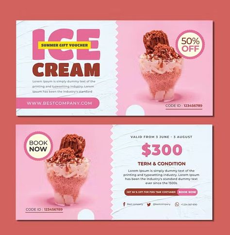 Vouchers Design, Ice Cream Promotion, Creative Voucher Design Ideas, E Voucher Design, Food Voucher Design Ideas, Gift Voucher, Ice Cream Flyer Design Ideas, Voucher Design Coupon, Food Vouchers