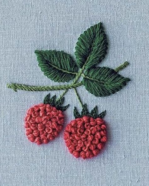 Embroidered Raspberries, Raspberry Embroidery, Embroidered Berries, Berry Embroidery, Yarn Art Diy, Embroidery Fruit, Embroidered Fruit, Embroidery Theme, Embroidery Jeans Diy