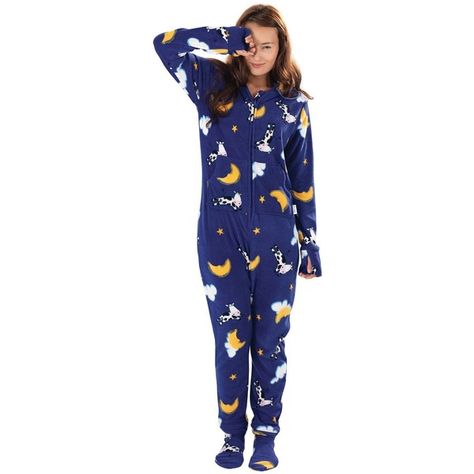 Blue Fleece Hooded Onsie Footed Pajamas for Women Moons Cows, Medium... ($50) ❤ liked on Polyvore featuring intimates Adult Footie Pajamas, Hoodie Footie, Pyjamas Onesie, Womens Onesie, Unusual Clothes, Cute Onesies, Cotton Pajamas Women, Footed Pajamas, Footie Pajamas