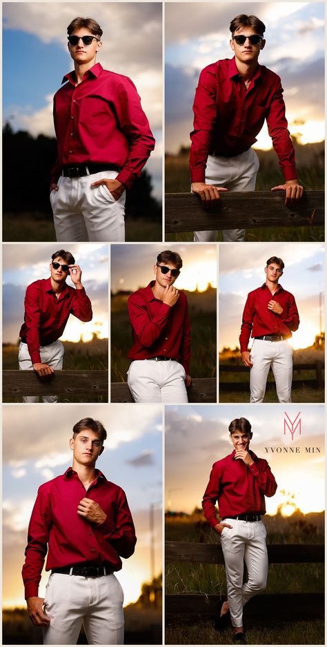 High senior senior photos of a senior boy at McKay Lake in Westminster Colorado. He is wearing white pants and a bright red shirt. There is a gorgeous sunset so OCF lighting was used in these images. Graduation Photography Men, Guy Posing, Thornton Colorado, Photo Yearbook, Yearbook Photoshoot, Yearbook Class, Creative Senior Pictures, Senior Photoshoot Poses, High School Photos