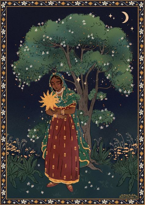 Indian Witch, Sun God Surya, Night Blooming Jasmine, Indian Illustration, South Asian Art, Mughal Paintings, Indian Painting, Sun God, Eclectic Art