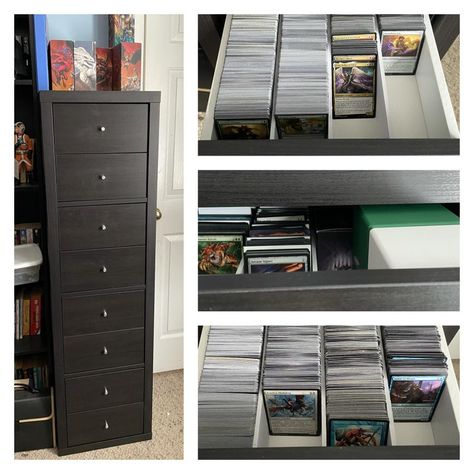 Sports Cards Storage Ideas, Magic Cards Storage Ideas, Trading Card Storage Diy, Sports Card Rooms Ideas, Tcg Storage Diy, Trading Cards Storage Ideas, Mtg Card Organization, Mtg Card Table, How To Organize Sports Cards