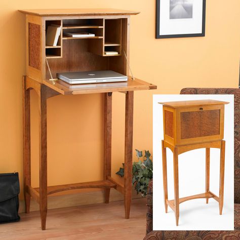 Drop Front Desk Woodworking Plan from WOOD Magazine Drop Front Desk, Shelf Plans, Woodworking Desk Plans, Used Woodworking Tools, Woodworking Desk, Woodworking Jobs, Woodworking Chair, Simple Woodworking Plans, Woodworking Bed