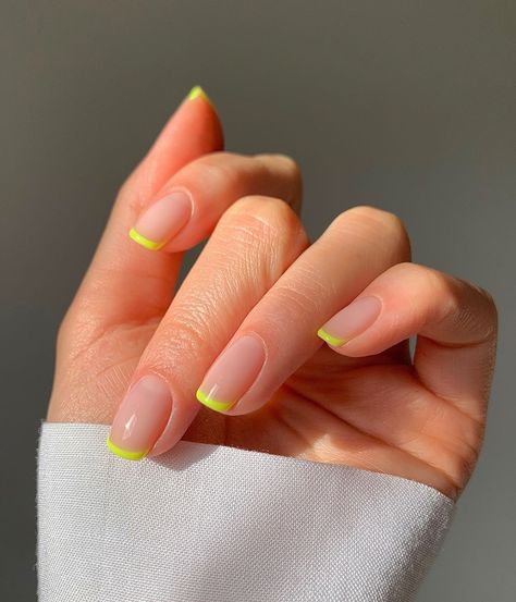 Georgia Rae | Neon french all summer please 🍋 #manicure #frenchmanicure #neonnails #nudenails #naturalnails #londonnails #frenchmani | Instagram Gel Nails Yellow, Yellow French Nails, Natural Fake Nails, Indian Nails, Gel Nail Set, Yellow French, Gel Nails French, Yellow Nail Art, Watermelon Nails