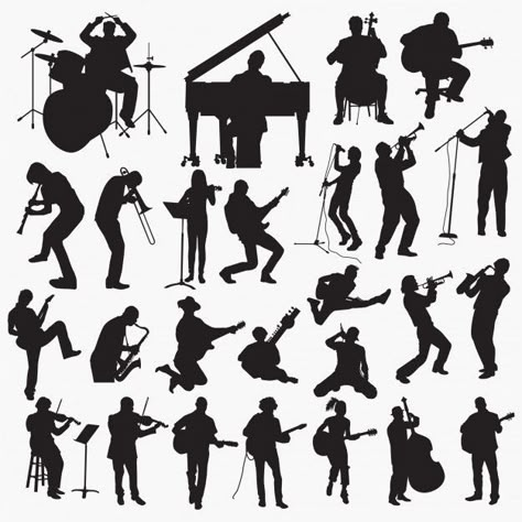 Music playing silhouettes Premium Vector Music Silhouette, Flying Bird Silhouette, Silhouette People, Music Drawings, Music Illustration, City Silhouette, Music Painting, Music Playing, Silhouette Illustration