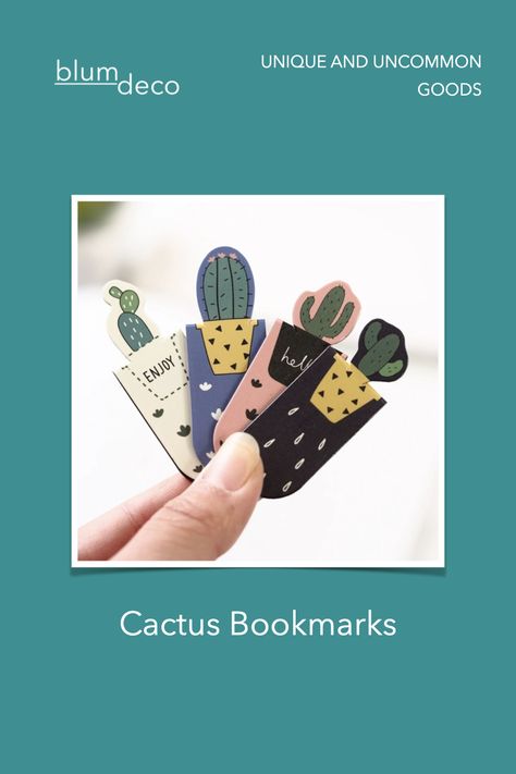 then you need a couple of bookmarks... and we've got these lovely cactus bookmarks for you. use them to clip the pages which you want to tag, in order to continue to read for next time. they can not only be used as a mark, but also decorate your book... Uncommon Goods, Book Marks, Library Ideas, Books For Teens, Art Journal, A Couple, To Read, Cactus, Playing Cards