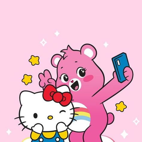 Hello Kitty X Care Bears, Hello Kitty Care Bear, Random Cartoon Characters, Sanrio Crossover, Cartoon Duos, Cute Care Bears, Friends Drawing, Pink Gift Ideas, Hello Sanrio