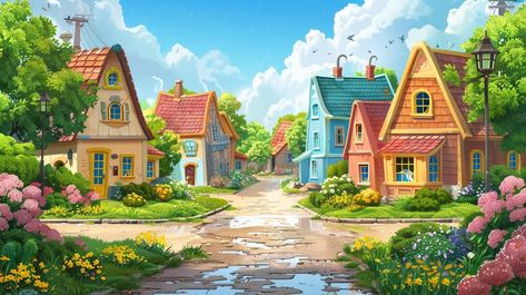 Midjourney AI Image: beautiful spring rainy village house background, Disney cartoon style, children’s book illustration ... → more in ai-img-gen.com Village House Background, Rainy Village, Cartoon Town, Background Disney, Cobblestone Path, House Background, Architecture Nature, Flowers Frame, Sounds Of Nature