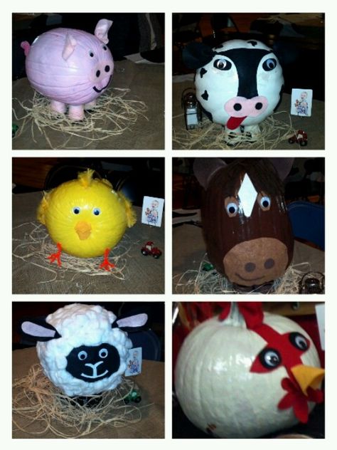 These are all pumpkins! Just use spray paint, felt, yarn, pipe cleaners, feathers & a hot glue gun! We used them as centerpieces for a oct farm themed birthday party!! Ffa Pumpkin Painting Ideas, Farm Pumpkin Decorating, Farm Animal Pumpkins Painting, Farm Animals Pumpkin Painting, Pumpkin Carving Farm Theme, Pumpkin Painting Farm Animals, Farm Animal Pumpkins, Farm Themed Pumpkins, Farm Animal Painted Pumpkins