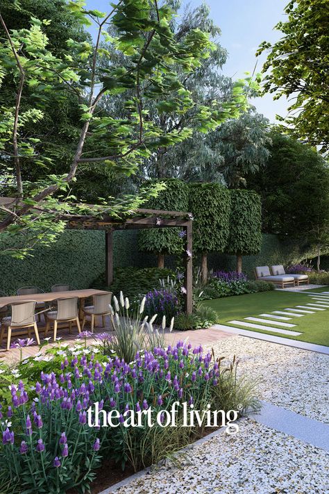 moderne tuin, eethoek, houten eettafel, eetstoelen, tuin gezellig maken, border tuin, tuin grassen, bomen, bloemen Garden Layout, Art Of Living, House Inspiration, Cottage Core, Green Thumb, Floral Flowers, Daily Inspiration, Garden Design, Dream House