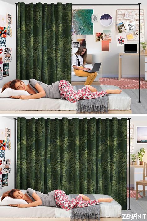 Dorm Room Divider Ideas Diy Room Seperator Ideas Studio Apartments, Privacy In Dorm Room, Dorm Room Privacy Ideas, Dorm Room Divider Ideas, Dorm Privacy Ideas, Dorm Room Divider, Divide Room Into Two Spaces, Room Seperator Ideas, Dorm Room Privacy