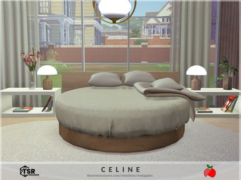 a contemporary and neutral bedroom with a round double bed. this item is a sims 4 room made with cc. by melapples 🍎 @ TSR The Sims Resource - Sims 4 - office - study - melapples - cc used The Sims 4 Cc Round Bed, Sims 4 Cc Round Bed, Sims 4 Circle Bed, Sims 4 Cc Circle Bed, Sims 4 Double Bed Cc, Sims 4 Round Bed, Sims 4 Daybed Cc, Sims 4 Sofa Bed, Sims 4 Room