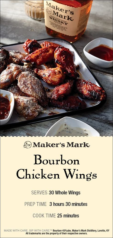 Maker’s Mark Bourbon Chicken Wings is a chicken wing recipe that comes with not one, but three different homemade sauce options, making it the perfect recipe to please a crowd. Bourbon Chicken Wings Recipe: 30 chicken wings 3 oz. Maker’s Mark Bourbon 2 tbsp. salt 2 tbsp. dark brown sugar 2 tbsp. TABASCO Hot Sauce 2 garlic cloves.  Bourbon Sweet Chili Sauce, Kentucky White Sauce, Maker’s Mark BBQ Sauce. Click-thru for the sauce recipes and full directions. chicken wing recipes, cookout Whiskey Black Pepper Wings, Bourbon Chicken Wings, Bourbon Wings Recipe, Bourbon Recipes Food, Bourbon Chicken Wings Recipe, Wings Recipe, Bourbon Recipes, Wing Sauce Recipes, Bourbon Chicken