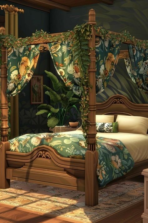 Sims4 Cc Bedding, Sims 4 Canopy Bed Cc Maxis Match, Sims 4 Canopy Bed, Sims Beds, Sims Bed Cc, Maximalist Bed, Gothic Canopy Bed, Canopy Bed Ideas, Victorian Bed