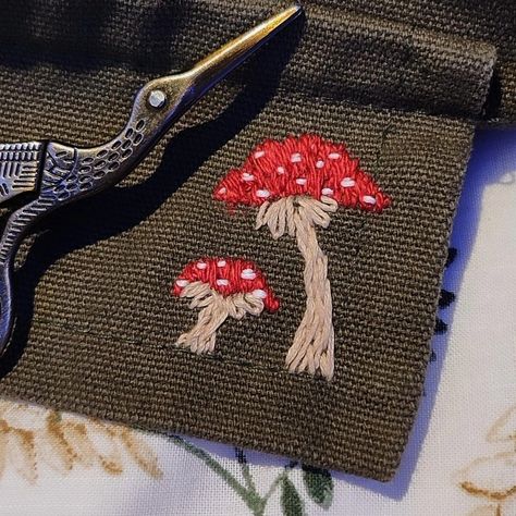 #Mushroom #embroidery #goblincore #cottagecore #redcaps Goblincore Embroidery, Embroidery Mushrooms, Goblincore Diy, Embroidered Mushrooms, Cottagecore Embroidery, Mushroom Embroidery, Holiday 2024, Indie Drawings, Goblin Core