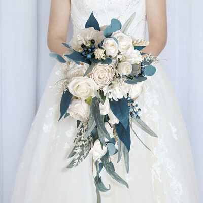 [CA$ 68.00] Cascade Silk Flower Bridal Bouquets - Silk Flower Bridal Bouquet, Rustic Wedding Colors, Cascading Bridal Bouquets, Wedding Car Decorations, Waterfall Wedding, Blue Champagne, Color Peacock, Wedding Bouquets Bride, Bridal Bouquet Flowers