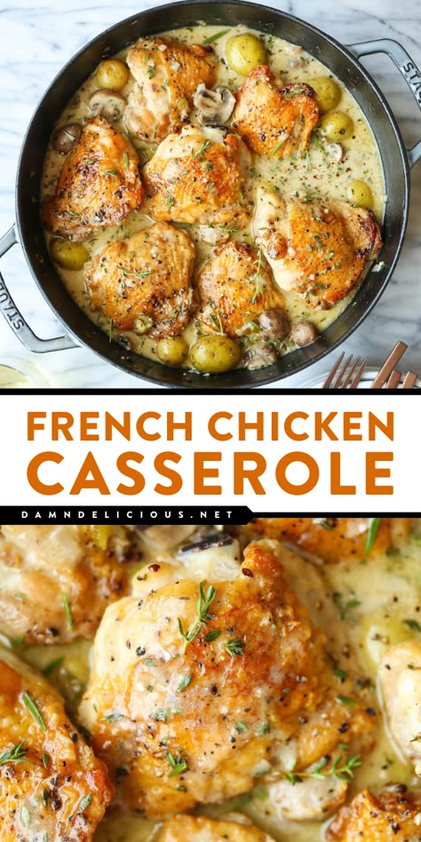 Looking for simple family meals? Here's a chicken dinner recipe! Cooked in a white wine sauce with potatoes, mushrooms, and herbs, this easy French chicken casserole is so cozy and wholesome! French Chicken Casserole, French Chicken, Brown Chicken, Chicken Casserole Recipe, Makanan Diet, French Cooking, Chicken Dishes Recipes, Healthy Easy, Dinner Idea