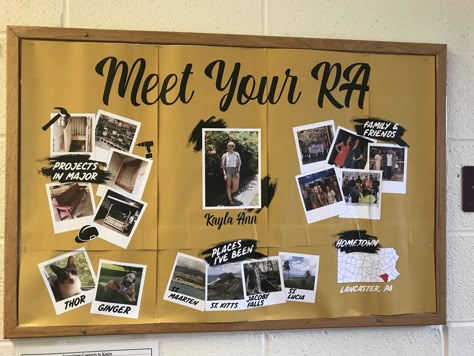 RA board: intro to the year #reslife All About Me Bulliten Board, Meet Your Staff Bulletin Board, Ra Bulletin Boards Meet Your Ra, About Your Ra Bulletin Board, Ra Personal Board, Ca Bulletin Board Ideas, Residential Assistant Bulletin Boards, Get To Know Me Ra Board, Staff Introduction Board Ideas