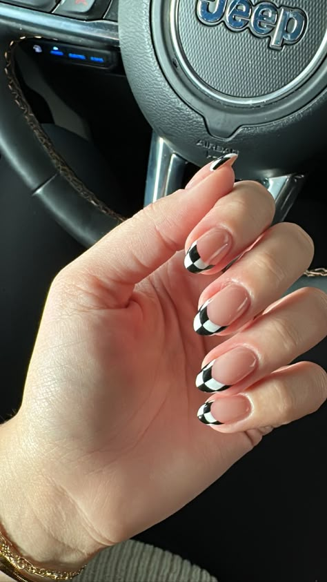 Black And White Checkered French Tip Nails, Checkered French Nails, French Checkered Nails, Car Design Nails, Simple Checkered Nails, Christmas Checkered Nails, Checkered Halloween Nails, Racer Nails, Indy 500 Nails