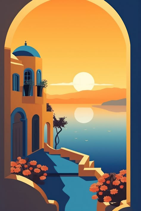 Land Scape Illustration, Greece Illustration Art, Digital Drawing Ideas Easy, Greece Painting Easy, Illustration Art Landscape, Digital Drawing Ideas, Aesthetic Santorini, Illustration Art Vector, Greece Illustration