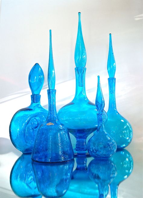 Mixed Glassware, Colored Glass Bottles, Blenko Glass, Blue Glass Bottles, Blue Glassware, Colored Vases, Genie Bottle, Colored Glassware, Antique Glassware