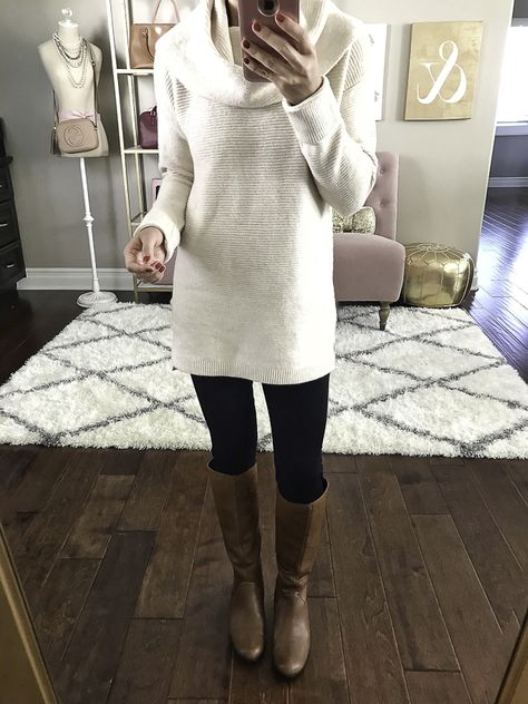 cowl neck tunic sweater casual fall outfit cognac boots Tunic Sweater Outfits, Sonus Festival, Fall Weekend Outfits, Tunic Outfit, Cognac Boots, Stylish Petite, Fall Trend, Sweater Dress Outfit, Weekend Outfit