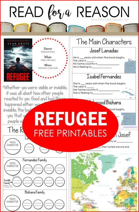 FREE Refugee Book Printables #refugeealangratz #middleschoolbooks #freeprintables #homeschool World Refugee Day Poster, Refugee Book Activities, Refugee Novel Study, Refugee Book, Refugee Camps, Refugee By Alan Gratz, Novel Activities, Reading Printables, Common Sense Media