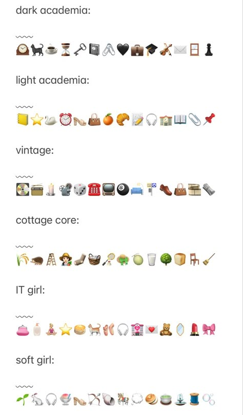 Dark academia light academia cottage core aesthetic vintage it-girl soft-girl emoji combos Soft Core Captions, Photo Dump Emojis, Western Emojis Combos, Weird Emoji Combinations, Old Money Emoji Combos, Y2k Emoji Combinations, Dark Feminine Emoji Combo, Cottage Core Emojis, Dark Academia Emojis