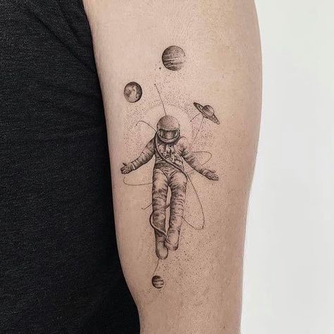 Jeremy Geddes, Surrealism Tattoo, Cosmos Tattoo, Band Tattoos For Men, Modern Art Tattoos, Unique Tattoos For Men, Astronaut Tattoo, Universe Tattoo, Single Needle Tattoo