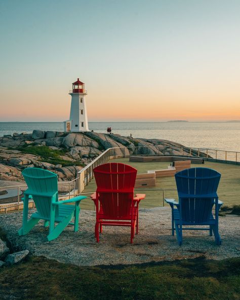 Peggy's Cove Lighthouse with Adirondack chairs at sunset, Peggys Cove, Nova Scotia, Canada Canada Photos, Nova Scotia Canada, Hotel Motel, America And Canada, Adirondack Chairs, Watercolor Inspiration, Image House, Nova Scotia, City Skyline