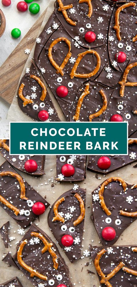 This chocolate reindeer bark is the perfect fun holiday treat to make! It’s quick and easy, fun for kids and adults, and easily customizable to make it dietary friendly as needed. Reindeer Bark, Chocolate Reindeer, Christmas Desserts Party, Fun Holiday Treats, Impressive Desserts, Gluten Free Desserts Recipes, Bark Recipe, Holiday Recipes Christmas, Melting Chocolate Chips