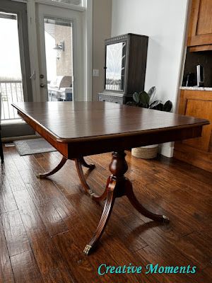 Modern Chair With Antique Table, Old Dining Table With Modern Chairs, Refinishing Old Dining Room Table, Antique Table With Modern Chairs, Vintage Double Pedestal Dining Table, Duncan Fife Table, Refinished Duncan Phyfe Table, Mahogany Dining Table Makeover, Antique Table And Chairs Makeover