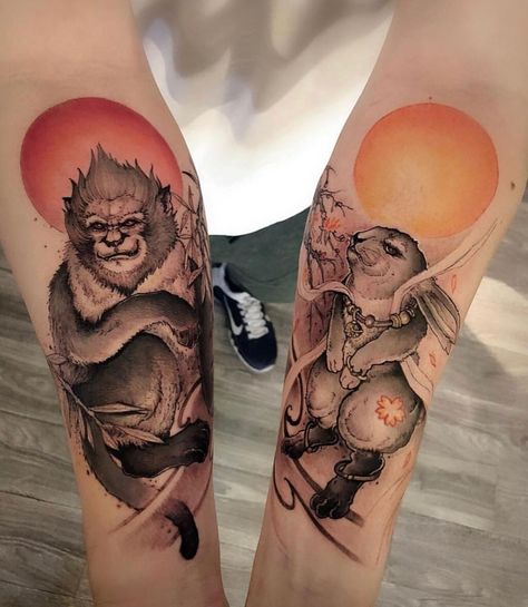 Monkey and Rabbit asian style tattoo Hon Tattoo Asian Style Tattoo, Monkey Tattoo, Rabbit Tattoo, Monkey Tattoos, Blackwork Tattoos, Rabbit Tattoos, Style Tattoo, Blackwork Tattoo, Asian Style