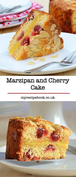 Marzipan and cherry cake recipe - Delicious almond sponge with cherries and a layer of gooey marzipan in the centre. Marzipan And Cherry Cake, Cherry Sponge Cake Recipe, Cherry Almond Cake Recipe, Cherry Cake Recipe, Marzipan Recipe, Marzipan Cake, Cake Delicious, Almond Paste, Cherry Cake