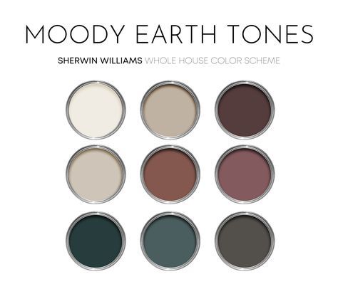 This listing is for a Moody Earth Tones paint palette, created with Sherwin Williams paint colors. I have carefully selected a range of 9 colors for this palette, and included options for walls, trim, furniture, cabinets and doors.  Sherwin Williams has hundreds of paint colors, each with their own unique undertones. This can make choosing the right paint colors hard. The colors in this collection were carefully selected to coordinate with each other - this makes choosing the right paint colors Moody Paint Colors For Bedrooms, Sherwin Williams Rocky River, Organic Paint Colors, Moody Earth Tones, Bronze Color Palette, Earth Tones Paint, Urbane Bronze, Earthy Neutrals, Sherwin Williams Paint