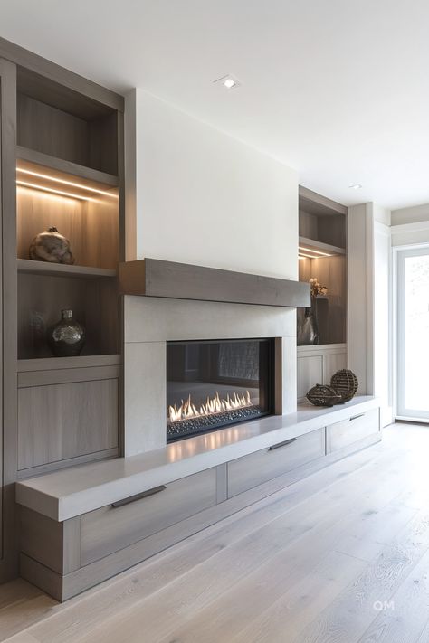 Built-In Around Fireplace: Elegant Solutions for Your Living Space - Quiet Minimal Fireplace With Storage Bench, Fireplace Bench Storage, Raised Hearth Fireplace With Built Ins, Modern Built In Entertainment Center With Fireplace, Contemporary Living Room Fireplace, Recessed Tv Wall Ideas, Focal Fireplace Wall, Tv Wall Without Fireplace, Floating Hearth Fireplace