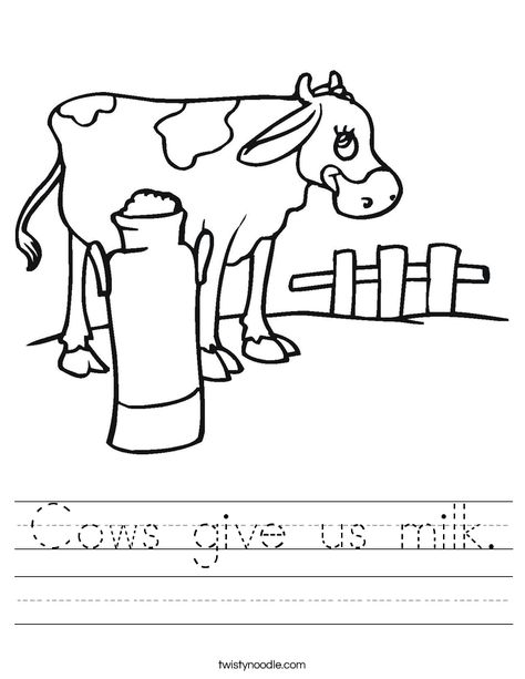 Cows give us milk Worksheet - Twisty Noodle Farm Animals Preschool, Farm Theme Preschool, Cow Craft, Monster Truck Coloring Pages, Cow Coloring Pages, Everyday Math, Twisty Noodle, Cow Colour, Writing Practice Worksheets