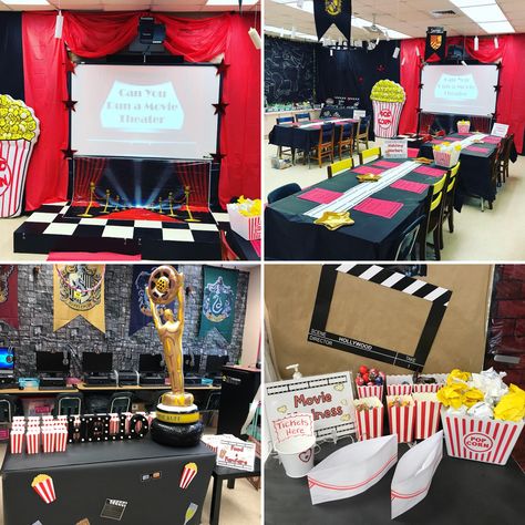 Movie Madness Classroom Transformation by @Giftedteacher305 Movie Day Classroom Ideas, Movie Day At School Ideas, School Movie Day Ideas, Classroom Movie Day, Movie Theater Classroom Ideas, Classroom Party Themes, Classroom Movie Theater, Theater Classroom Ideas, Disney Classroom Transformation