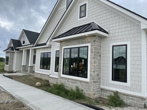 Cream Siding Exterior, Certainteed Herringbone Siding, Creme House Exterior, New Construction Home Ideas Exterior Ranch, Exterior Trends 2023, One Level House Exterior, Light Gray Modern Farmhouse Exterior, Lake House Outdoor Kitchen, House Exterior With Black Windows