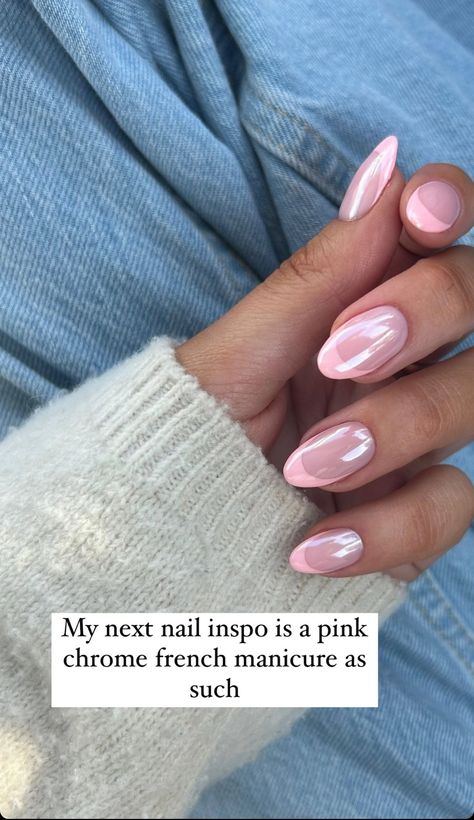 Simple But Classy Nails, Baby Pink Chrome Nails French Tip, Colored French Tip With Chrome, Pink Crome French Tip, Pink French With Chrome, Soft Pink Chrome Nails, Pink French Chrome Nails, Chrome Pink French Tip Nails, Pink French Tip Chrome