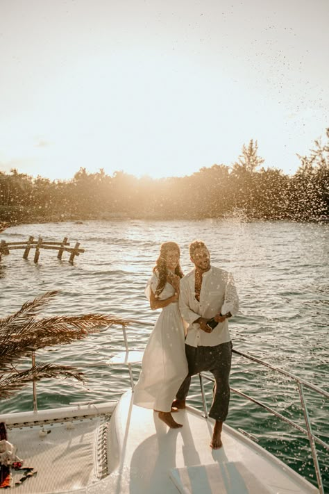 A Mayan Ceremony on a Yacht for this Paradise Wedding in Riviera Maya - Green Wedding Shoes Wedding Yacht Ideas, Yacht Wedding Photos, Yacht Elopement, Yacht Poses, Boat Engagement Photos, Engament Photos, Sailboat Wedding, Boat Photoshoot, Manifest Board