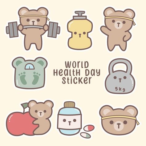 Healthy Stickers, Health Doodles, Health Stickers, Running Bear, Gorgeous Images, Stickers Ideas, Creative School Project Ideas, Workout Inspo, Arm Day