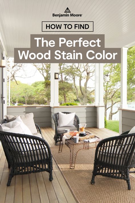 A fresh coat of stain protects and beautifies exterior wood surfaces. Choose Benjamin Moore ARBORCOAT® Exterior Stain on decks, fences, swing sets, outdoor furniture or any other exterior wood project for the best outcome. Behr Wood Deck Stain Colors, Benjamin Moore Wood Stain Colors, Woodscapes Exterior Acrylic Solid Color House Stain, Neutral Deck Stain, What Color Should I Stain My Deck, Stain Outdoor Furniture Wood, Benjamin Moore Solid Deck Stain Colors, Porch Ceiling Stain Colors Wood, Woodscapes Exterior Stain